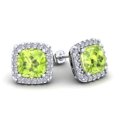 3 1/3 Carat Cushion Cut Peridot and Halo Diamond Stud Earrings In 14 Karat White Gold