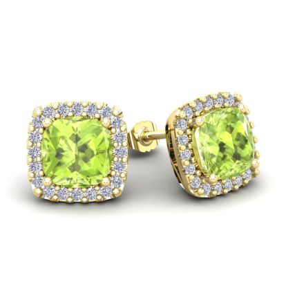 3 1/3 Carat Cushion Cut Peridot and Halo Diamond Stud Earrings In 14 Karat Yellow Gold
