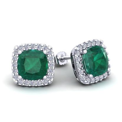 3 1/2 Carat Cushion Cut Emerald and Halo Diamond Stud Earrings In 14 Karat White Gold