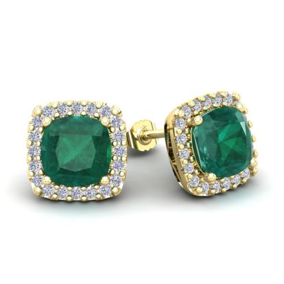 3 1/2 Carat Cushion Cut Emerald and Halo Diamond Stud Earrings In 14 Karat Yellow Gold