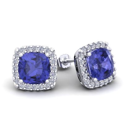 3 1/2 Carat Cushion Cut Tanzanite and Halo Diamond Stud Earrings In 14 Karat White Gold