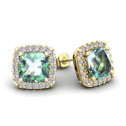3 1/2 Carat Cushion Cut Green Amethyst and Halo Diamond Stud Earrings In 14 Karat Yellow Gold