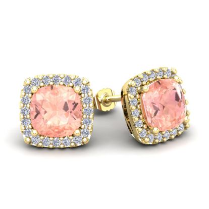 3-1/2 Carat Cushion Shape Morganite Earrings and Diamond Halo In 14 Karat Yellow Gold