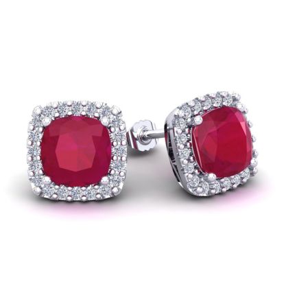 4 Carat Cushion Cut Ruby and Halo Diamond Stud Earrings In 14 Karat White Gold
