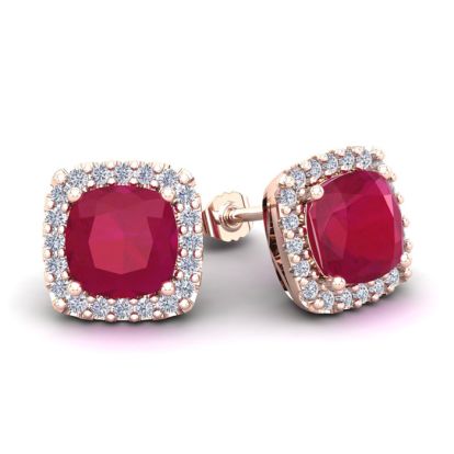 4 Carat Cushion Cut Ruby and Halo Diamond Stud Earrings In 14 Karat Rose Gold