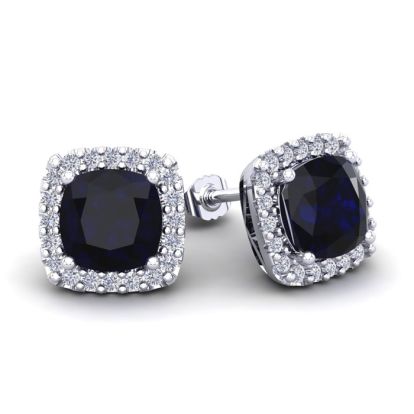 4 Carat Cushion Cut Sapphire and Halo Diamond Stud Earrings In 14 Karat White Gold