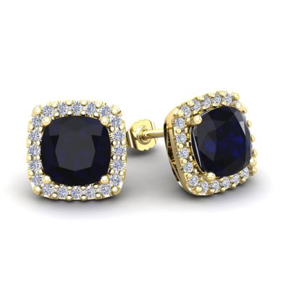 4 Carat Cushion Cut Sapphire and Halo Diamond Stud Earrings In 14 Karat Yellow Gold