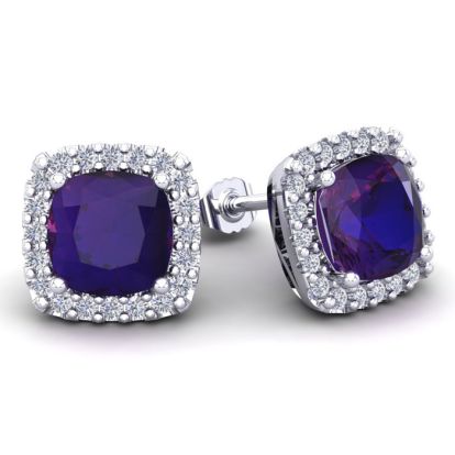 4 3/4 Carat Cushion Cut Amethyst and Halo Diamond Stud Earrings In 14 Karat White Gold