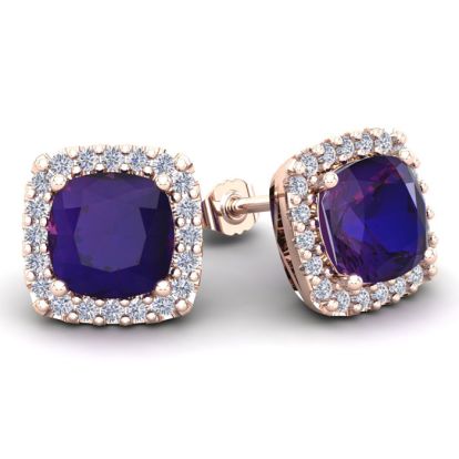 4 3/4 Carat Cushion Cut Amethyst and Halo Diamond Stud Earrings In 14 Karat Rose Gold