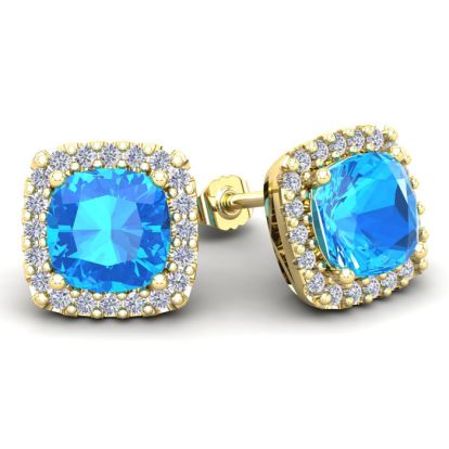 6 Carat Cushion Cut Blue Topaz and Halo Diamond Stud Earrings In 14 Karat Yellow Gold