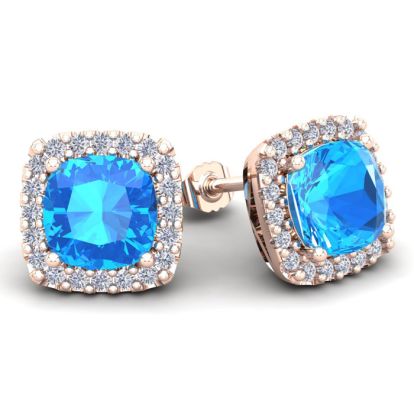 6 Carat Cushion Cut Blue Topaz and Halo Diamond Stud Earrings In 14 Karat Rose Gold