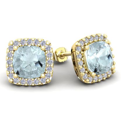 Aquamarine Earrings: Aquamarine Jewelry: 4 3/4 Carat Cushion Cut Aquamarine and Halo Diamond Stud Earrings In 14 Karat Yellow Gold
