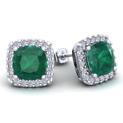 4 3/4 Carat Cushion Cut Emerald and Halo Diamond Stud Earrings In 14 Karat White Gold