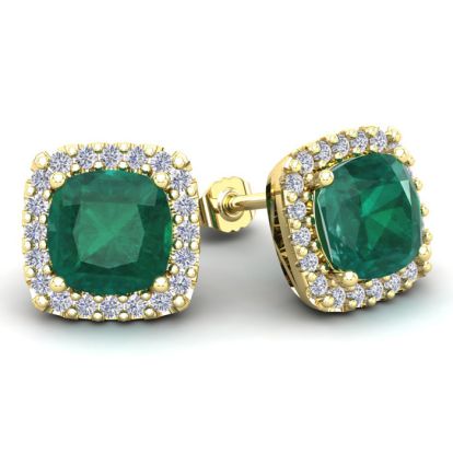 4 3/4 Carat Cushion Cut Emerald and Halo Diamond Stud Earrings In 14 Karat Yellow Gold