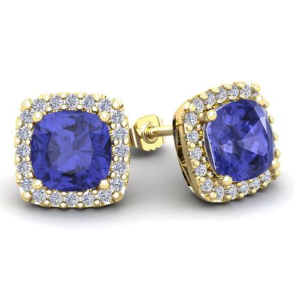 5 3/4 Carat Cushion Cut Tanzanite and Halo Diamond Stud Earrings In 14 Karat White Gold