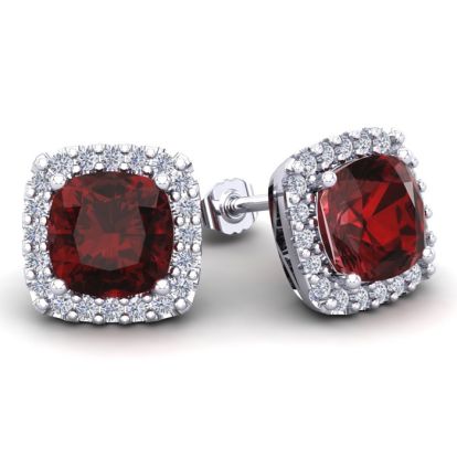Garnet Earrings: Garnet Jewelry: 7 Carat Cushion Cut Garnet and Halo Diamond Stud Earrings In 14 Karat White Gold