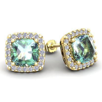 4 3/4 Carat Cushion Cut Green Amethyst and Halo Diamond Stud Earrings In 14 Karat Yellow Gold