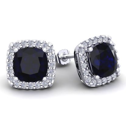 6 3/4 Carat Cushion Cut Sapphire and Halo Diamond Stud Earrings In 14 Karat White Gold