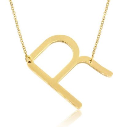 R Initial Sideways Necklace In Gold Overlay, 18 Inches