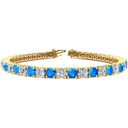 8 3/4 Carat Blue Topaz and Diamond Tennis Bracelet In 14 Karat Yellow Gold, 6 Inches