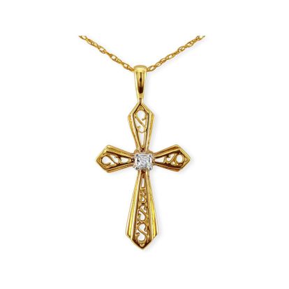 Filigree Diamond Cross Pendant in 10k Yellow Gold