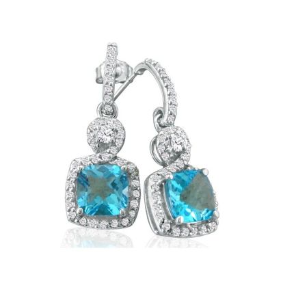 Dangling Micropave Blue Topaz and Diamond Earrings, 14K White Gold