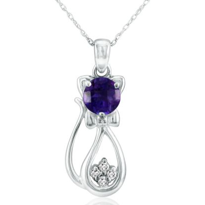 1 Carat Amethyst and Diamond Cat Necklace In 10K White Gold, 18 Inches