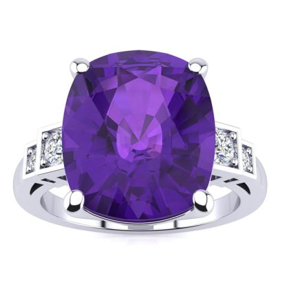 14k White Gold Cushion Cut 4ct Amethyst and Diamond Ring