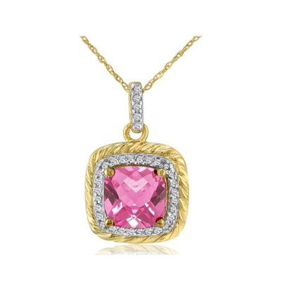 Pink Gemstones Rope Design Pink Topaz and Diamond Pendant in 14k Yellow Gold