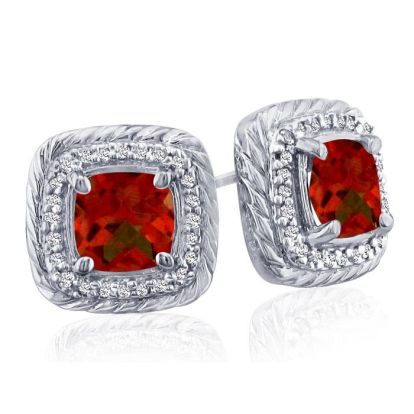  2 3/4 Carat Cushion Shape Garnet and Halo Diamond Earrings In 14K White Gold