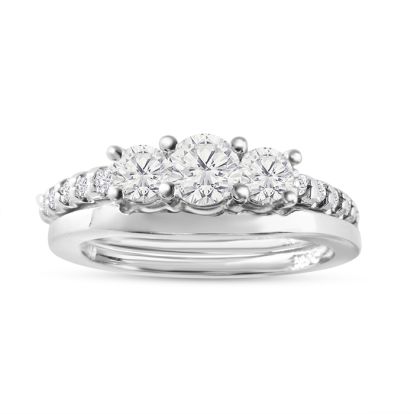 Estate Jewelry 1 Carat Three Diamond Ring Bridal Set in 14k White Gold, With Shadow Band, Size 6.5