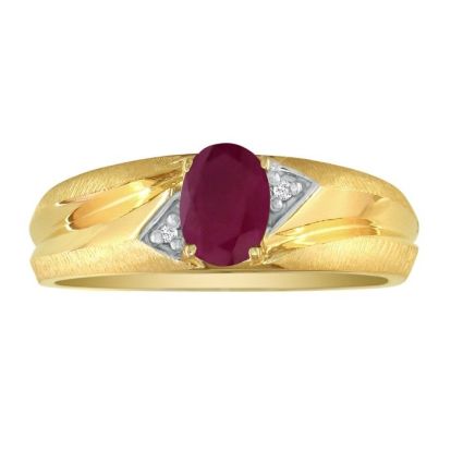 Dual Texture 10k Yellow Gold 1.07ct Oval Ruby and Diamond Mens Ring