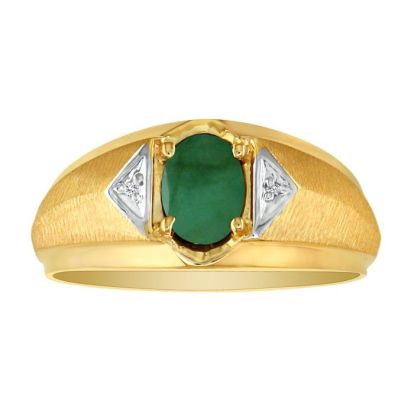 Mens Emerald and White Diamond Ring in 10k Yellow Gold