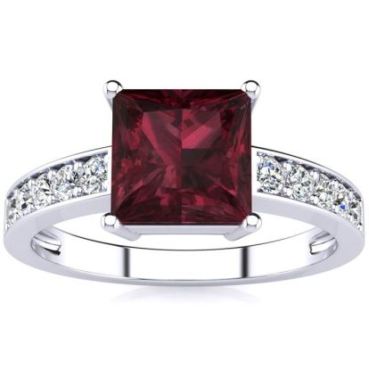 Garnet Ring: Garnet Jewelry: Square Step Cut 1 2/3ct Garnet and Diamond Ring in 14K White Gold