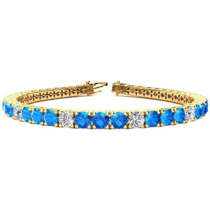 11 Carat Blue Topaz and Diamond Alternating Tennis Bracelet In 14 Karat Yellow Gold, 7 Inches
