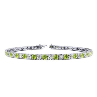 3 1/2 Carat Peridot And Diamond Tennis Bracelet In 14 Karat White Gold, 6 Inches