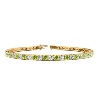 4 1/2 Carat Peridot And Diamond Tennis Bracelet In 14 Karat Yellow Gold, 8 Inches