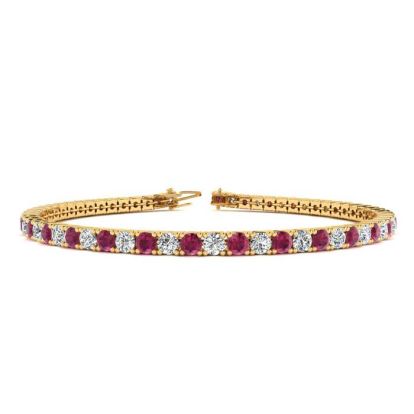 Ruby Bracelet; Ruby Tennis Bracelet; 5 Carat Ruby And Diamond Tennis Bracelet In 14 Karat Yellow Gold