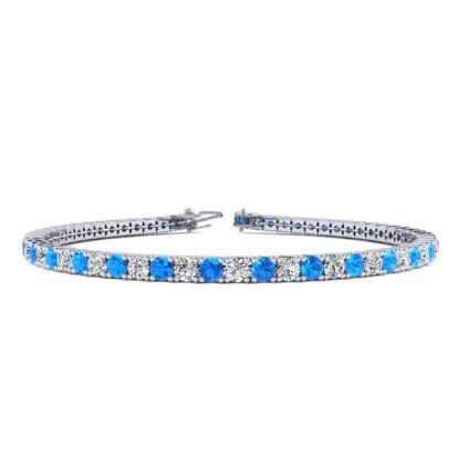 5 Carat Blue Topaz And Diamond Tennis Bracelet In 14 Karat White Gold, 8 Inches