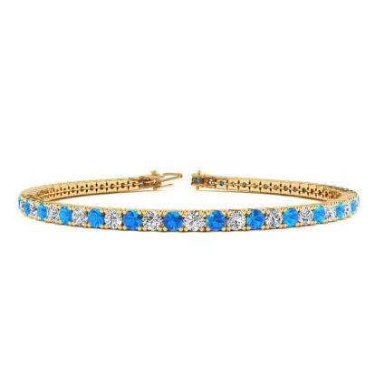 6 Carat Blue Topaz And Diamond Tennis Bracelet In 14 Karat Yellow Gold, 9 Inches