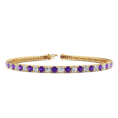 4 1/2 Carat Amethyst And Diamond Tennis Bracelet In 14 Karat Yellow Gold, 8 Inches