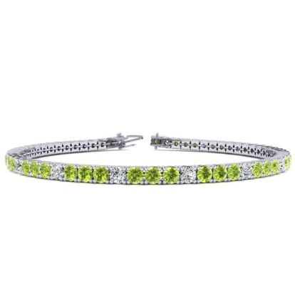 5 Carat Peridot And Diamond Alternating Tennis Bracelet In 14 Karat White Gold, 9 Inches