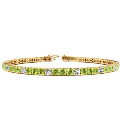4 1/4 Carat Peridot And Diamond Alternating Tennis Bracelet In 14 Karat Yellow Gold, 7 1/2 Inches