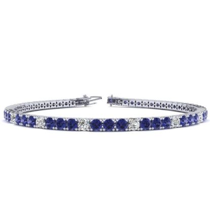 4 1/3 Carat Tanzanite And Diamond Alternating Tennis Bracelet In 14 Karat White Gold, 6 Inches