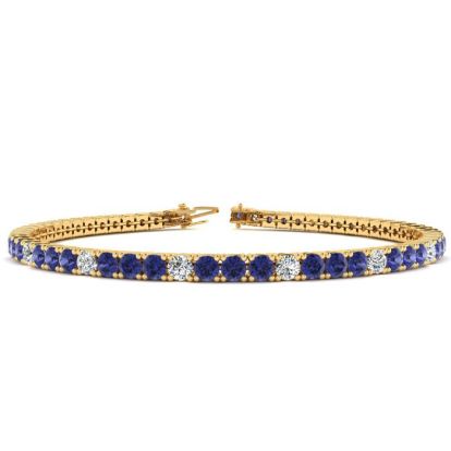4 1/3 Carat Tanzanite And Diamond Alternating Tennis Bracelet In 14 Karat Yellow Gold, 6 Inches