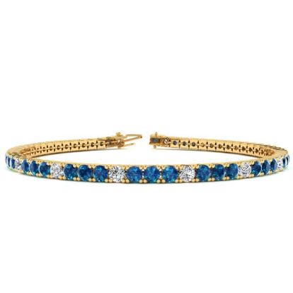 3 1/2 Carat Blue And White Diamond Alternating Tennis Bracelet In 14 Karat Yellow Gold, 6 Inches