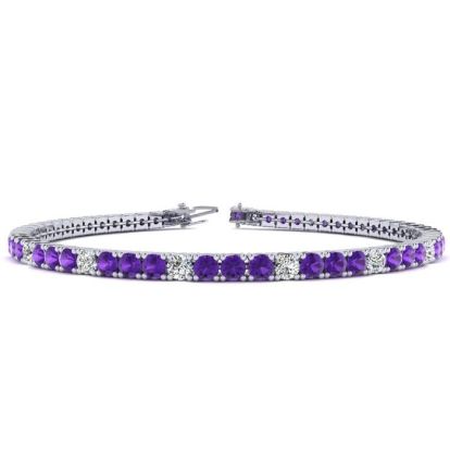 4 Carat Amethyst And Diamond Alternating Tennis Bracelet In 14 Karat White Gold, 7 Inches