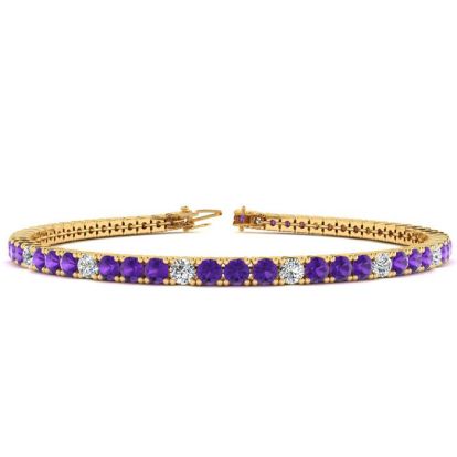 4 3/4 Carat Amethyst And Diamond Alternating Tennis Bracelet In 14 Karat Yellow Gold, 8 1/2 Inches