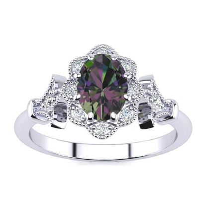 3/4 Carat Oval Shape Mystic Topaz and Halo Diamond Vintage Ring In 14 Karat White Gold