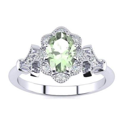 3/4 Carat Oval Shape Green Amethyst and Halo Diamond Vintage Ring In 14 Karat White Gold